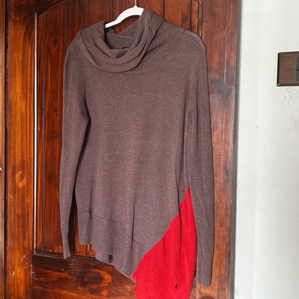 Grace Elements Brown Cowl Neck Sweater with Red Accent